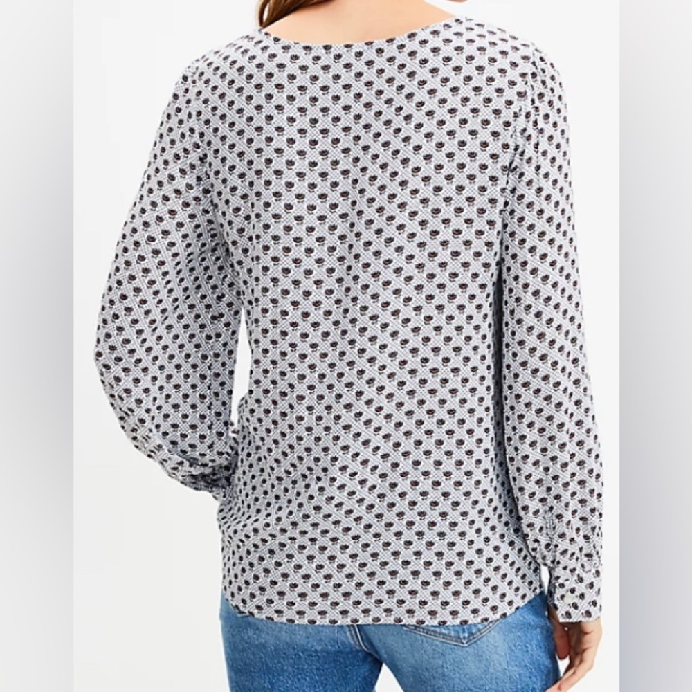 Loft Black & Red Floral Print on White Square Neck Long Sleeve Blouse - Picture 3 of 9